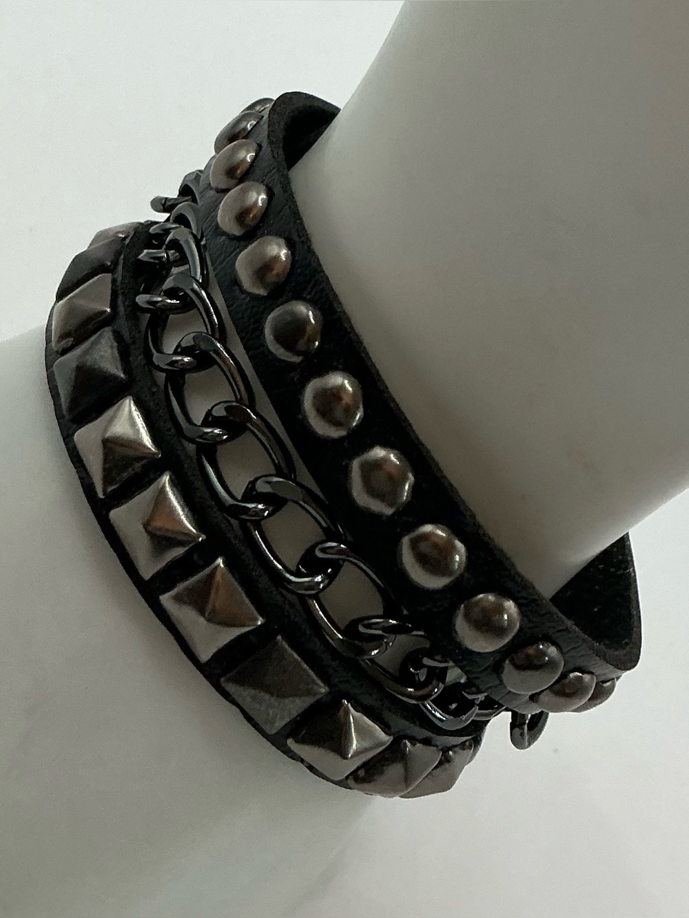 GUNMETAL STUDS AND CHAIN BLACK WRAP BRACELET